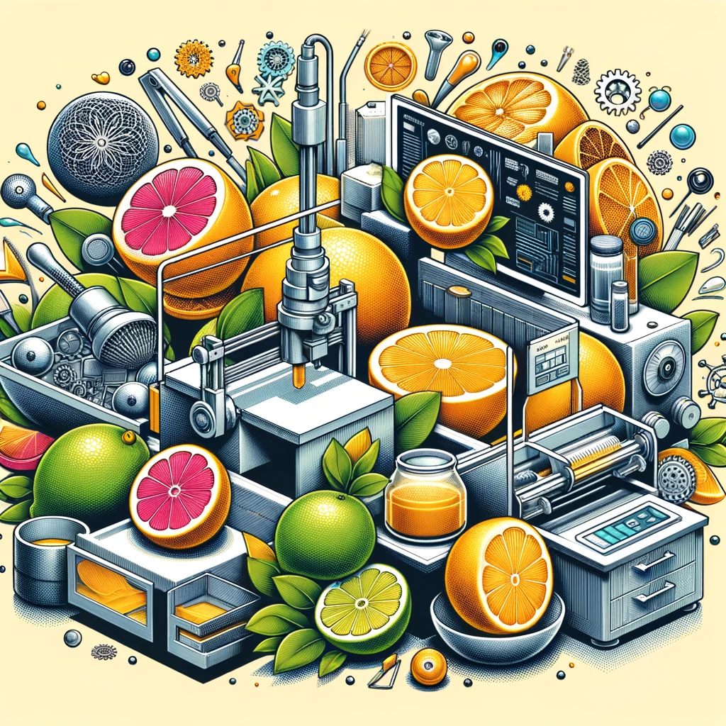 A vibrant image showcasing Citrus Sculpt 3D's expertise in customized 3D printing and engraving, with citrus elements symbolizing innovation and creativity alongside advanced 3D printing machinery and intricately engraved products