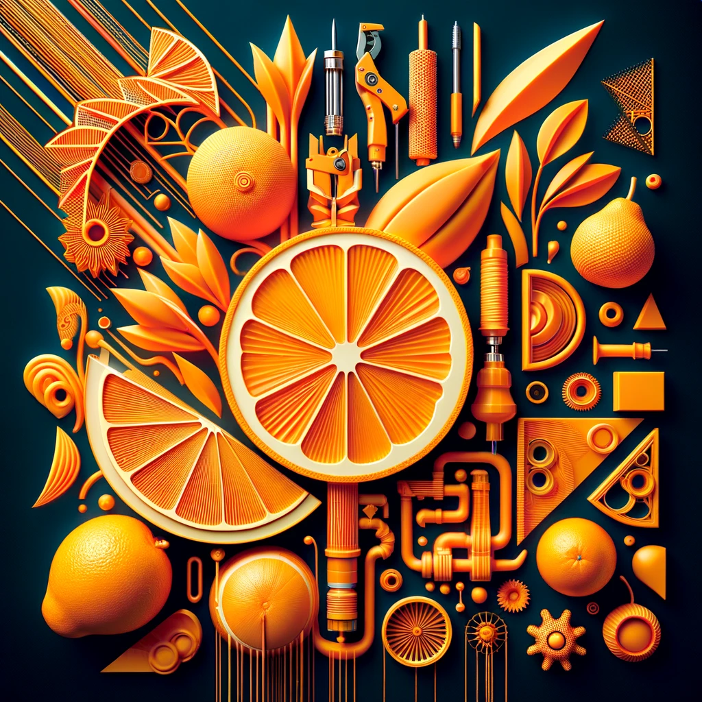 Dynamic image highlighting the fusion of vibrant orange citrus themes with advanced 3D printing and engraving technologies, showcasing Citrus Sculpt 3D's commitment to creativity and customized solutions.