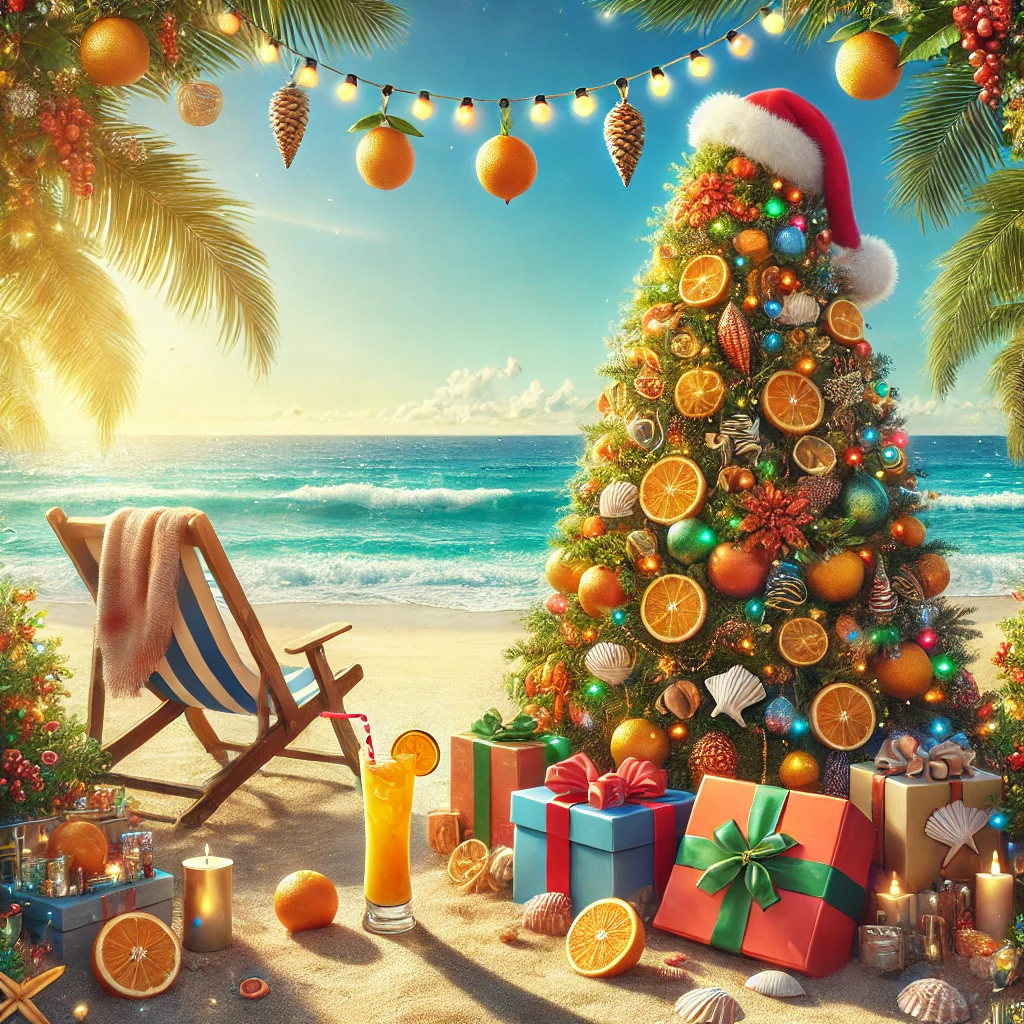 A festive southern beach scene featuring a decorated Christmas tree with citrus fruits, seashell ornaments, and lights, set against golden sand and a bright blue ocean.